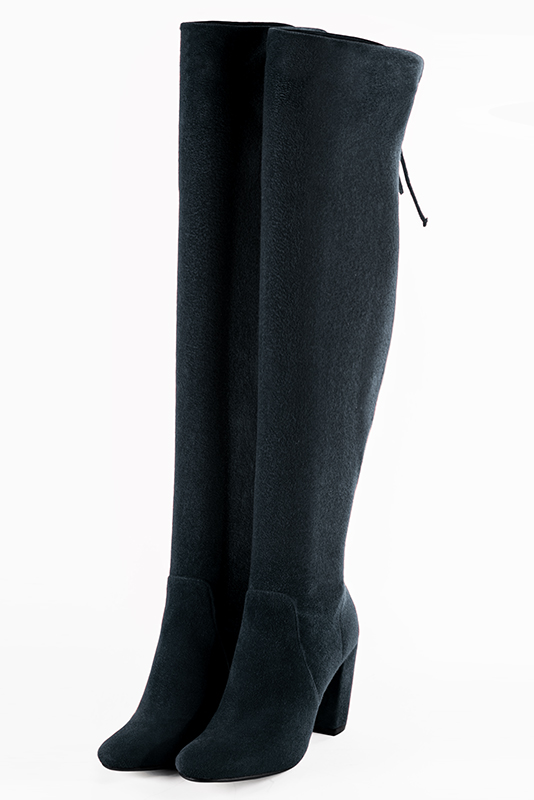 Midnight blue women's leather thigh-high boots. Round toe. High block heels. Made to measure. Front view - Florence KOOIJMAN
